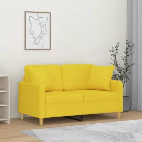   2 személyes világossárga szövet kanapé díszpárnákkal 120 cm