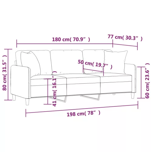 3 személyes világosszürke szövet kanapé díszpárnákkal 180 cm