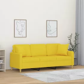   3 személyes világossárga szövet kanapé díszpárnákkal 180 cm