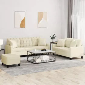 3 részes krémszínű műbőr ülőgarnitúra párnákkal