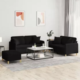 3 részes fekete szövet ülőgarnitúra párnákkal