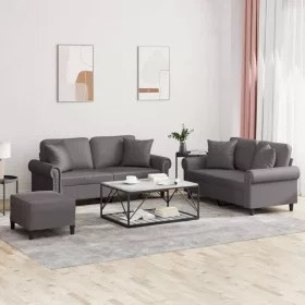 3 részes szürke műbőr ülőgarnitúra párnákkal