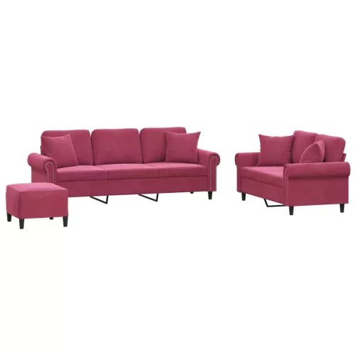 3 részes bordó bársony ülőgarnitúra párnákkal