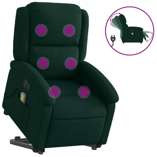 Elektromos felállást segítő sötétzöld bársony masszázsfotel