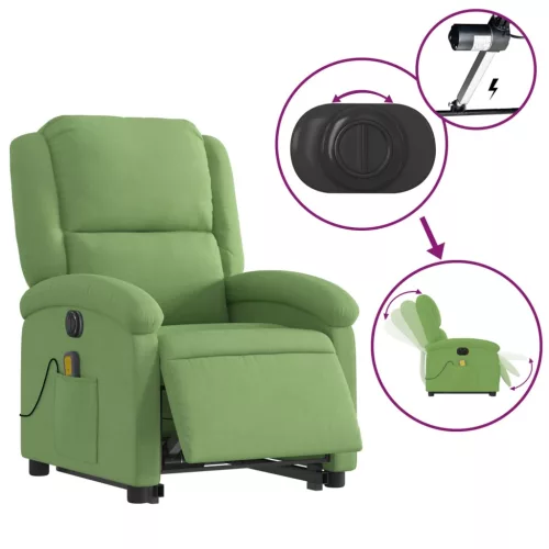 Elektromos felállást segítő világoszöld bársony masszázsfotel