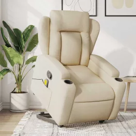   Krémszínű szövet felállást segítő dönthető masszázsfotel