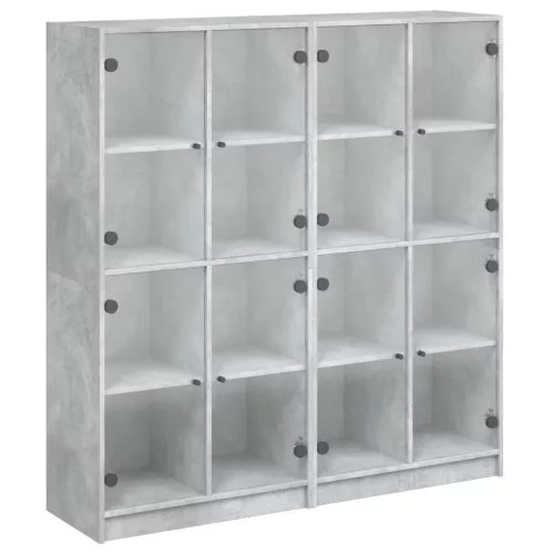 Betonszürke szerelt fa könyvespolc ajtókkal 136 x 37 x 142 cm