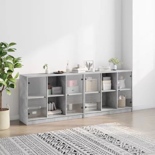 Betonszürke szerelt fa könyvespolc ajtókkal 204x37x75 cm