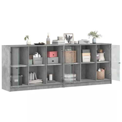 Betonszürke szerelt fa könyvespolc ajtókkal 204x37x75 cm