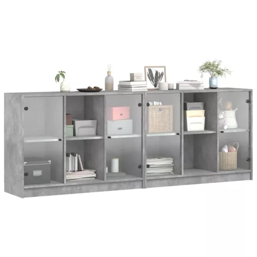 Betonszürke szerelt fa könyvespolc ajtókkal 204x37x75 cm