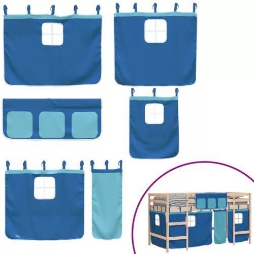 Kék tömör fenyőfa gyerek galériaágy függönnyel 90 x 190 cm