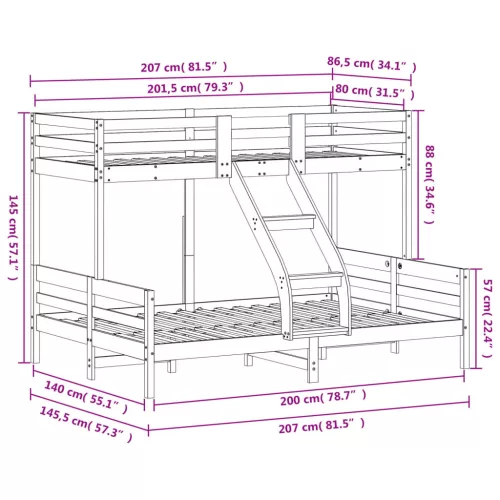 Viaszbarna tömör fenyőfa emeletes ágy 80 x 200/140 x 200 cm