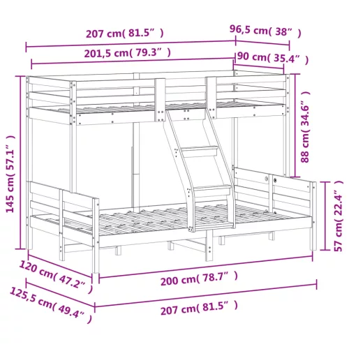 Viaszbarna tömör fenyőfa emeletes ágy 90 x 200/120 x 200 cm