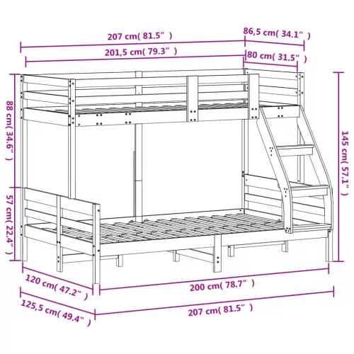 Tömör fenyőfa emeletes ágy 80x200/120x200 cm