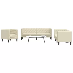   3 részes krémszínű műbőr Chesterfield kanapégarnitúra