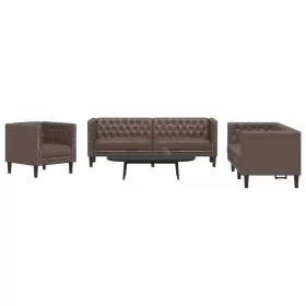 3 részes barna műbőr Chesterfield kanapégarnitúra
