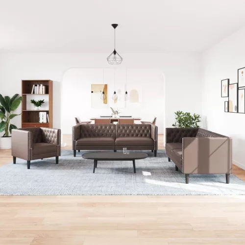 3 részes barna műbőr Chesterfield kanapégarnitúra