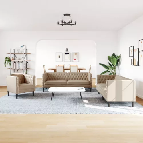 3 részes kávészínű műbőr Chesterfield kanapégarnitúra