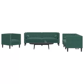   3 részes sötétzöld bársony Chesterfield kanapészett párnákkal