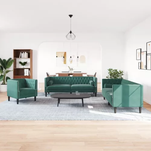 3 részes sötétzöld bársony Chesterfield kanapészett párnákkal