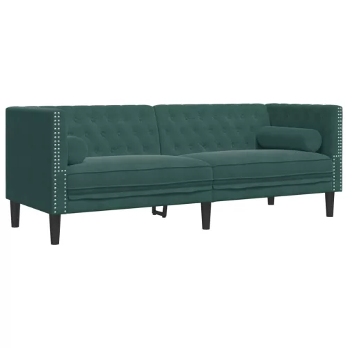 3 részes sötétzöld bársony Chesterfield kanapészett párnákkal
