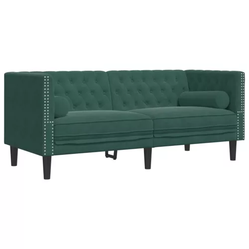 3 részes sötétzöld bársony Chesterfield kanapészett párnákkal