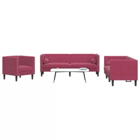   3 részes bordó bársony Chesterfield kanapészett hengerpárnákkal