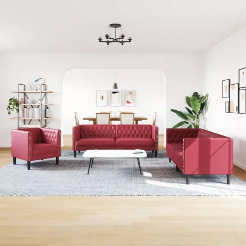 3 részes bordó bársony Chesterfield kanapészett hengerpárnákkal