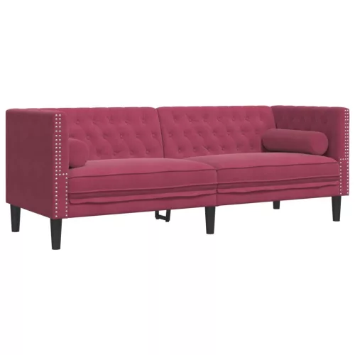 3 részes bordó bársony Chesterfield kanapészett hengerpárnákkal