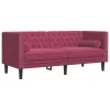 3 részes bordó bársony Chesterfield kanapészett hengerpárnákkal