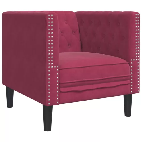 3 részes bordó bársony Chesterfield kanapészett hengerpárnákkal