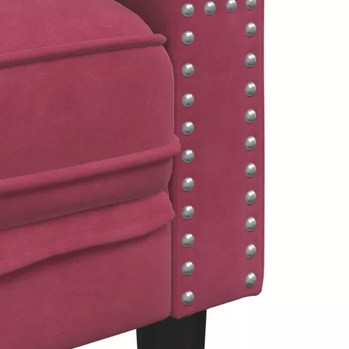 3 részes bordó bársony Chesterfield kanapészett hengerpárnákkal