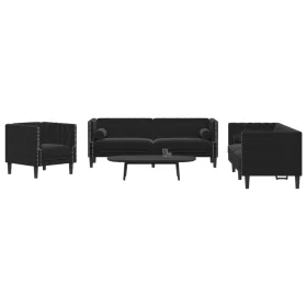   3 részes fekete bársony Chesterfield kanapészett párnákkal