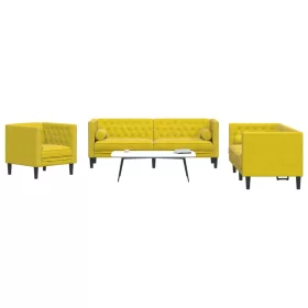   3 részes sárga bársony Chesterfield kanapészett hengerpárnákkal