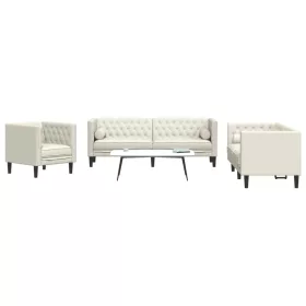   3 részes krémszínű bársony Chesterfield kanapészett párnákkal
