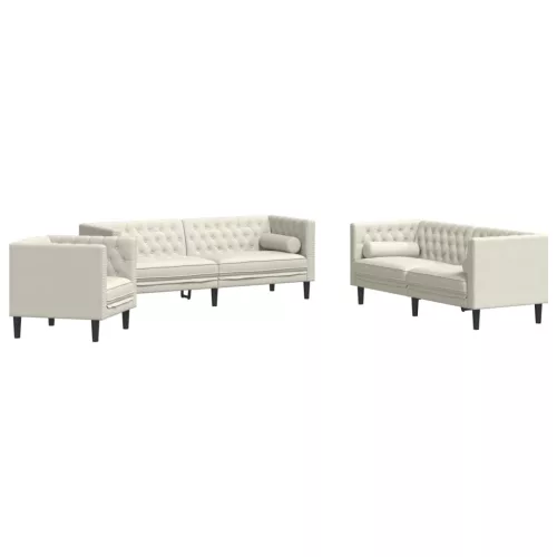 3 részes krémszínű bársony Chesterfield kanapészett párnákkal