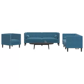   3 részes kék bársony Chesterfield kanapészett hengerpárnákkal