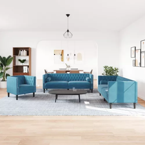 3 részes kék bársony Chesterfield kanapészett hengerpárnákkal