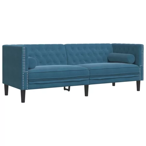 3 részes kék bársony Chesterfield kanapészett hengerpárnákkal