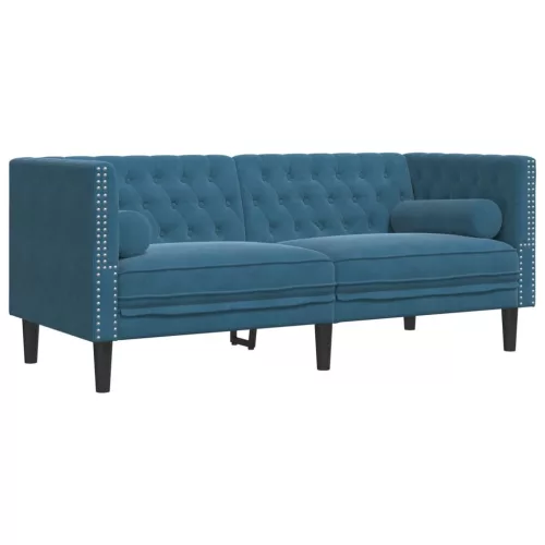 3 részes kék bársony Chesterfield kanapészett hengerpárnákkal