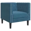 3 részes kék bársony Chesterfield kanapészett hengerpárnákkal