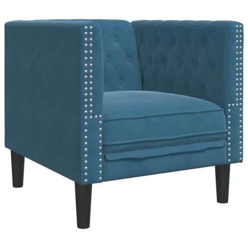 3 részes kék bársony Chesterfield kanapészett hengerpárnákkal
