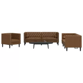   3 részes barna művelúr Chesterfield kanapészett hengerpárnákkal
