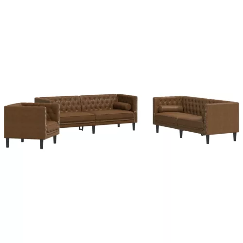 3 részes barna művelúr Chesterfield kanapészett hengerpárnákkal