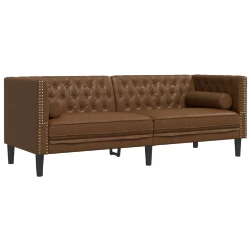 3 részes barna művelúr Chesterfield kanapészett hengerpárnákkal