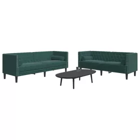   2 részes sötétzöld bársony Chesterfield kanapészett párnákkal