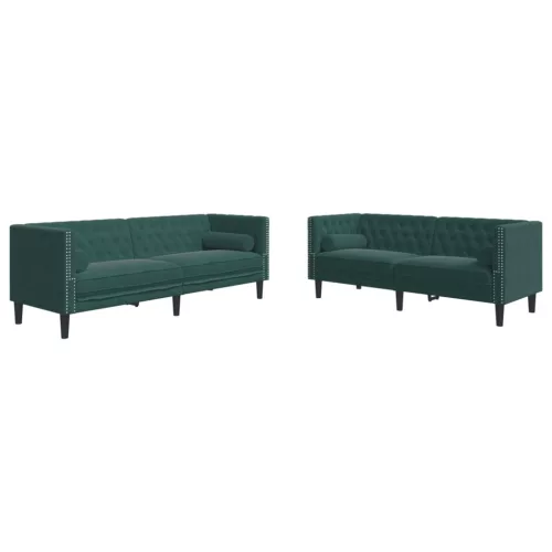 2 részes sötétzöld bársony Chesterfield kanapészett párnákkal