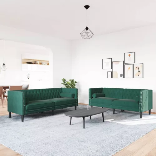 2 részes sötétzöld bársony Chesterfield kanapészett párnákkal
