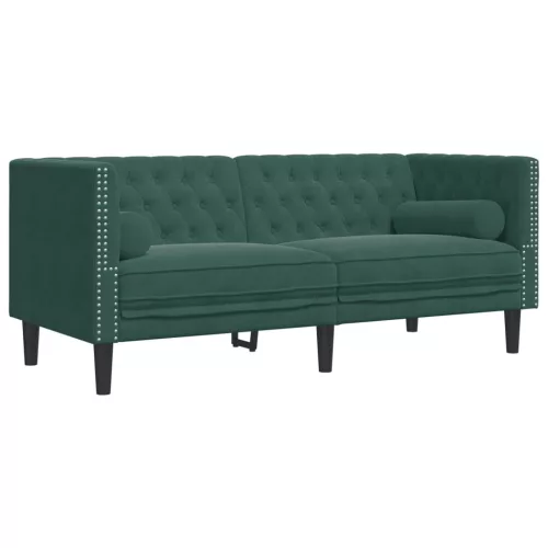 2 részes sötétzöld bársony Chesterfield kanapészett párnákkal