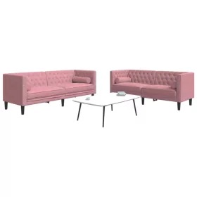   2 részes rózsaszín bársony Chesterfield kanapészett párnákkal